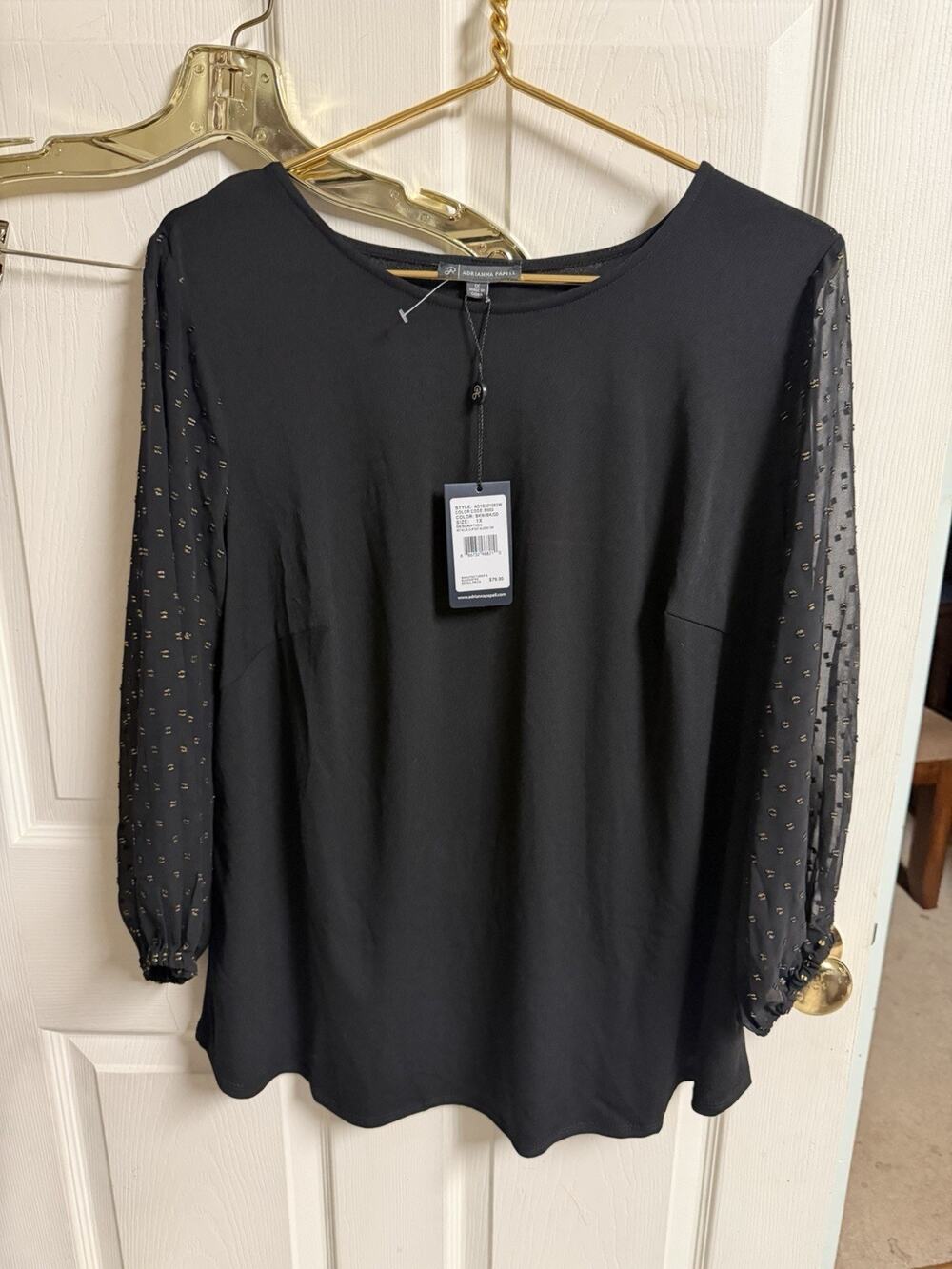 Adrianna Papell Black Top Gold Metallic Dot Puff Sleeve Blouse 1X NWT Work 48w